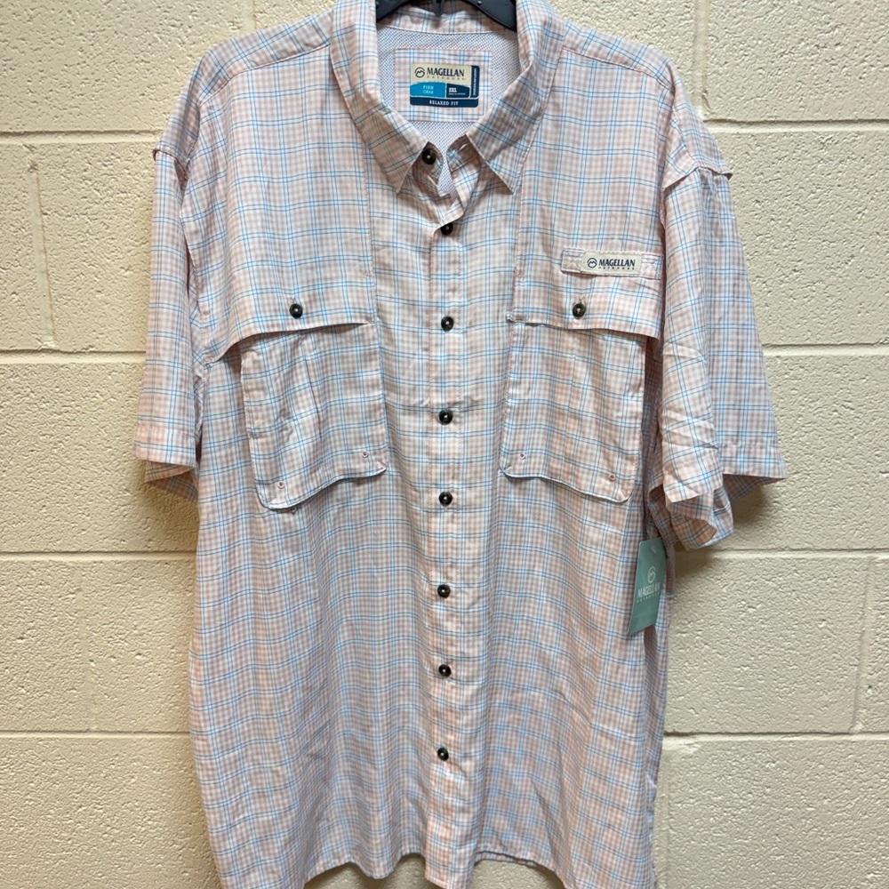 Magellan Outdoors Men’s Short Sleeve Plaid Button-Up Shirt - Light Blue & Peach